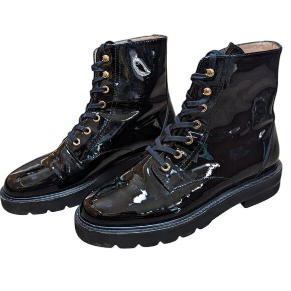 Stuart Weitzman Mila Lug Sole Black Patent Leather Combat Boot Lace Up 6.5 - Picture 1 of 7